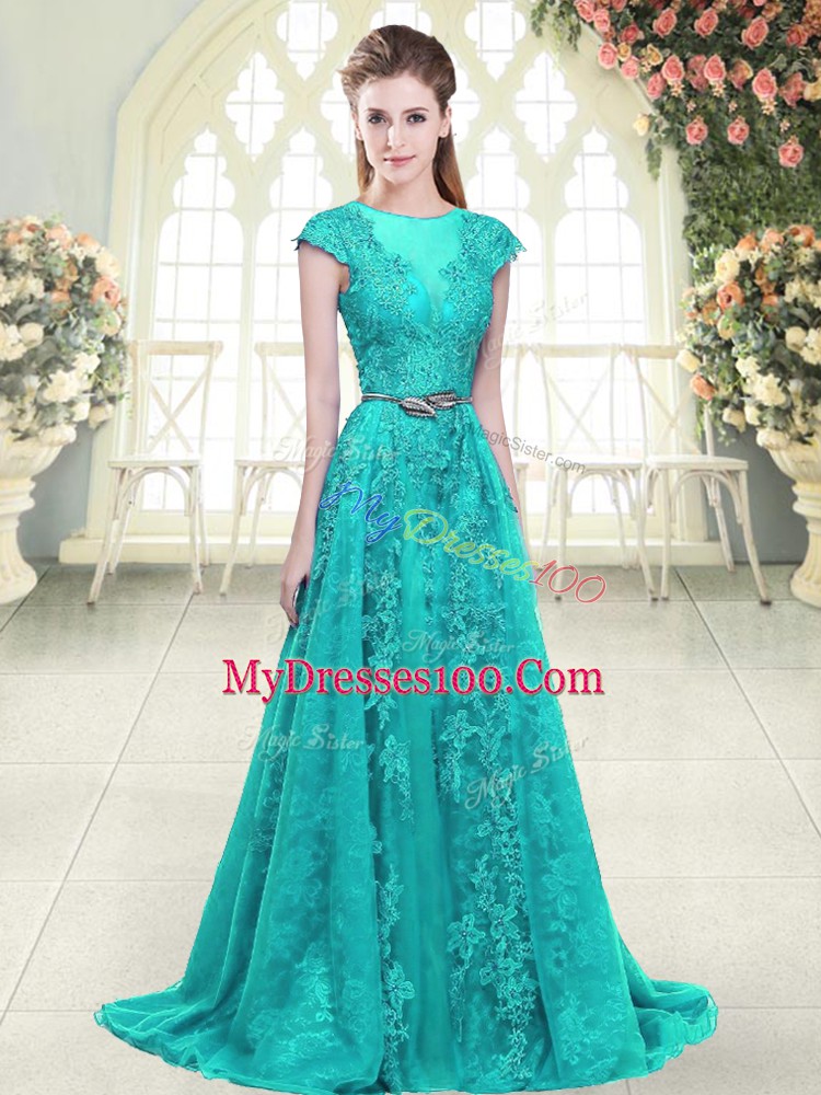 Cap Sleeves Sweep Train Zipper Beading and Lace Prom Dress