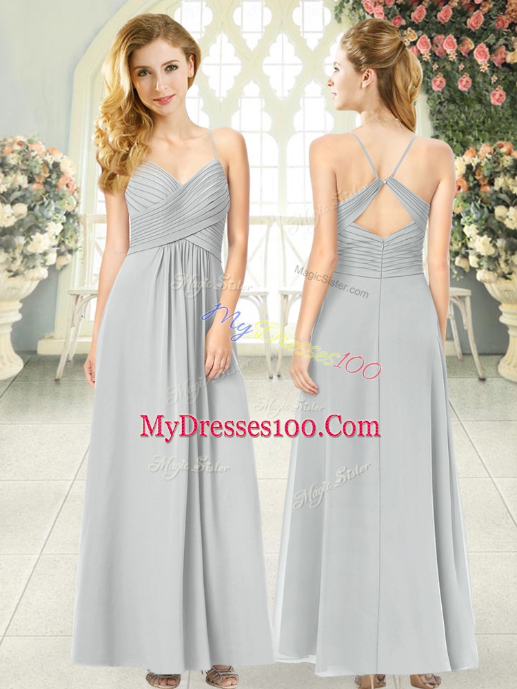 Vintage Grey Empire Spaghetti Straps Sleeveless Chiffon Ankle Length Criss Cross Ruching Prom Dresses