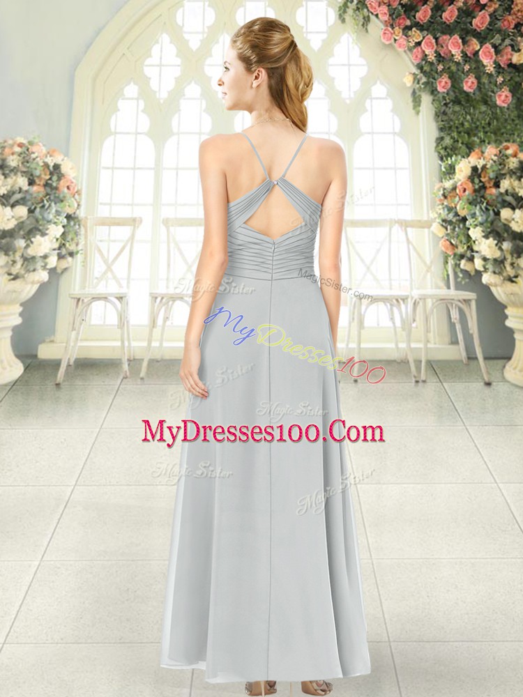 Vintage Grey Empire Spaghetti Straps Sleeveless Chiffon Ankle Length Criss Cross Ruching Prom Dresses
