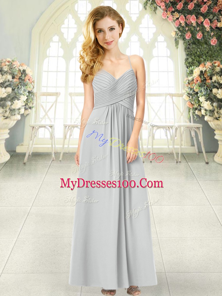 Vintage Grey Empire Spaghetti Straps Sleeveless Chiffon Ankle Length Criss Cross Ruching Prom Dresses