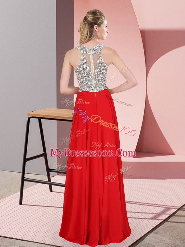 Modest Fuchsia Zipper Prom Dresses Beading Sleeveless Floor Length