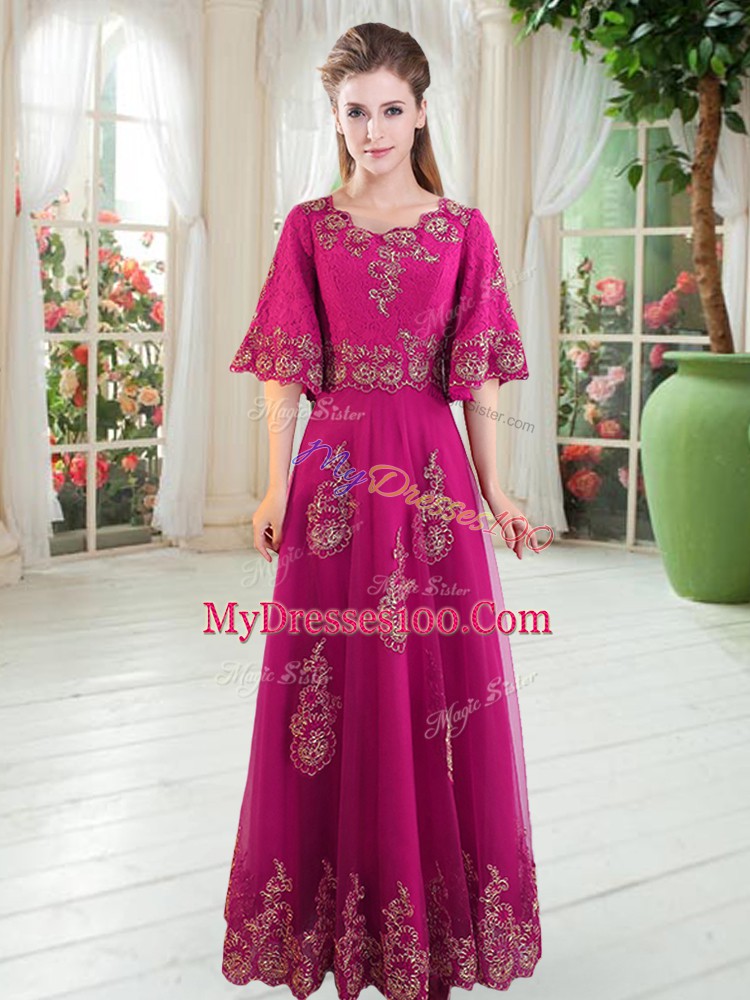 Half Sleeves Lace Up Floor Length Lace Dress for Prom