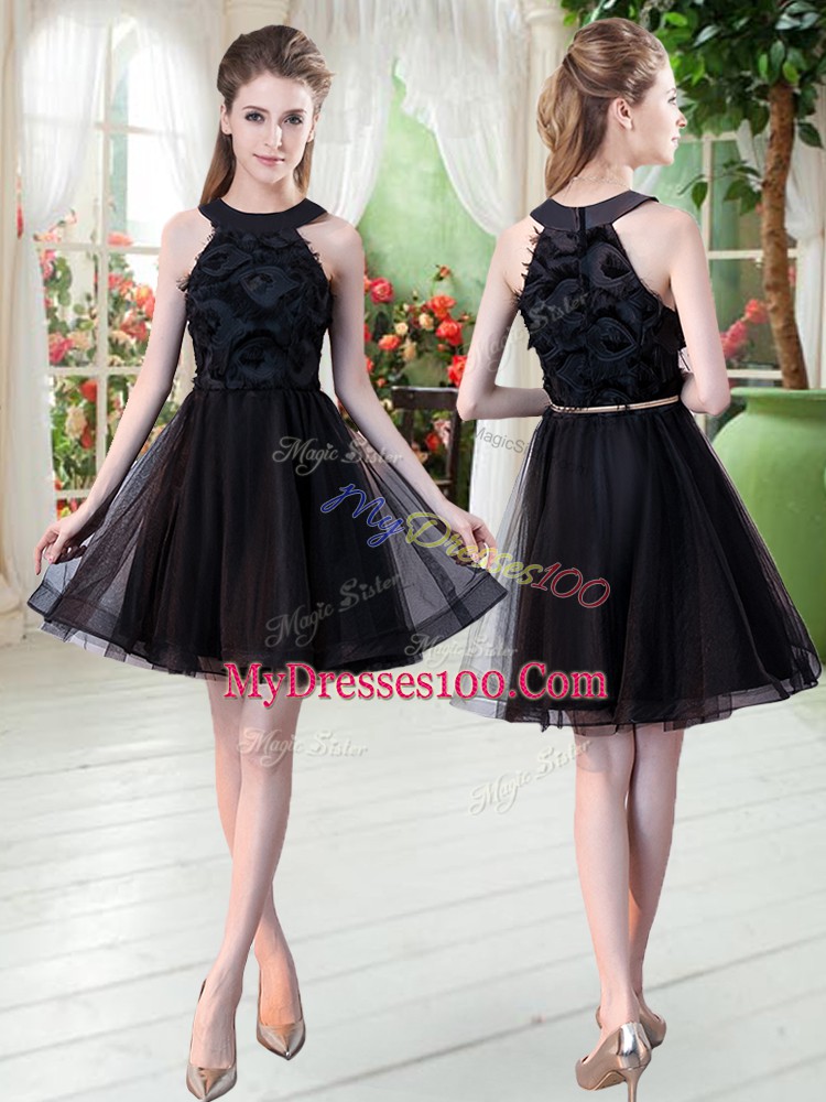 Traditional Black A-line Scoop Sleeveless Tulle Mini Length Zipper Belt Prom Dress
