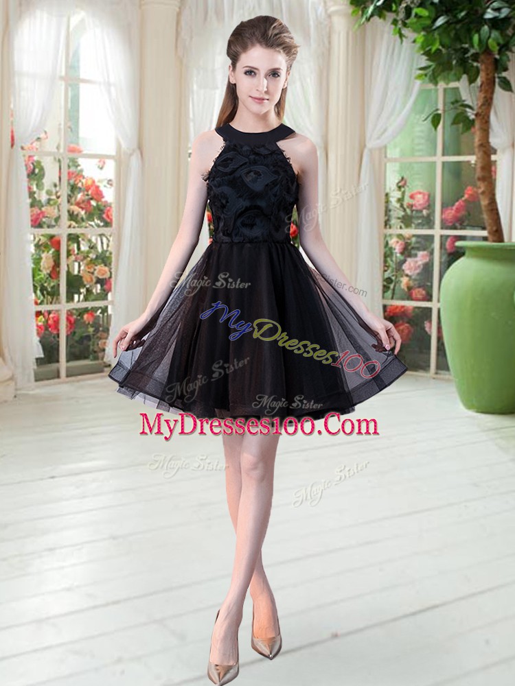 Traditional Black A-line Scoop Sleeveless Tulle Mini Length Zipper Belt Prom Dress