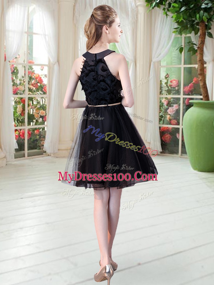 Traditional Black A-line Scoop Sleeveless Tulle Mini Length Zipper Belt Prom Dress