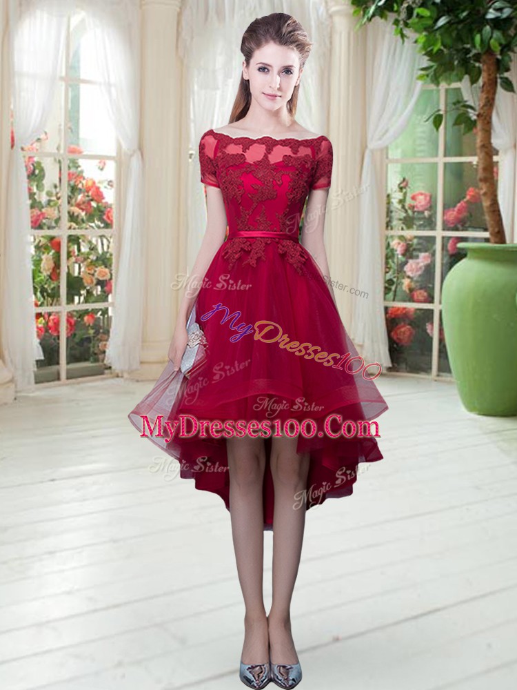 Superior Tulle Short Sleeves High Low and Appliques