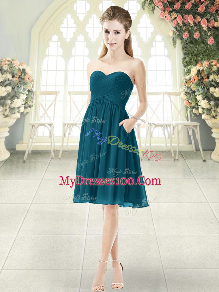 Knee Length Zipper Formal Evening Gowns Peacock Green for Prom and Party with Ruching
