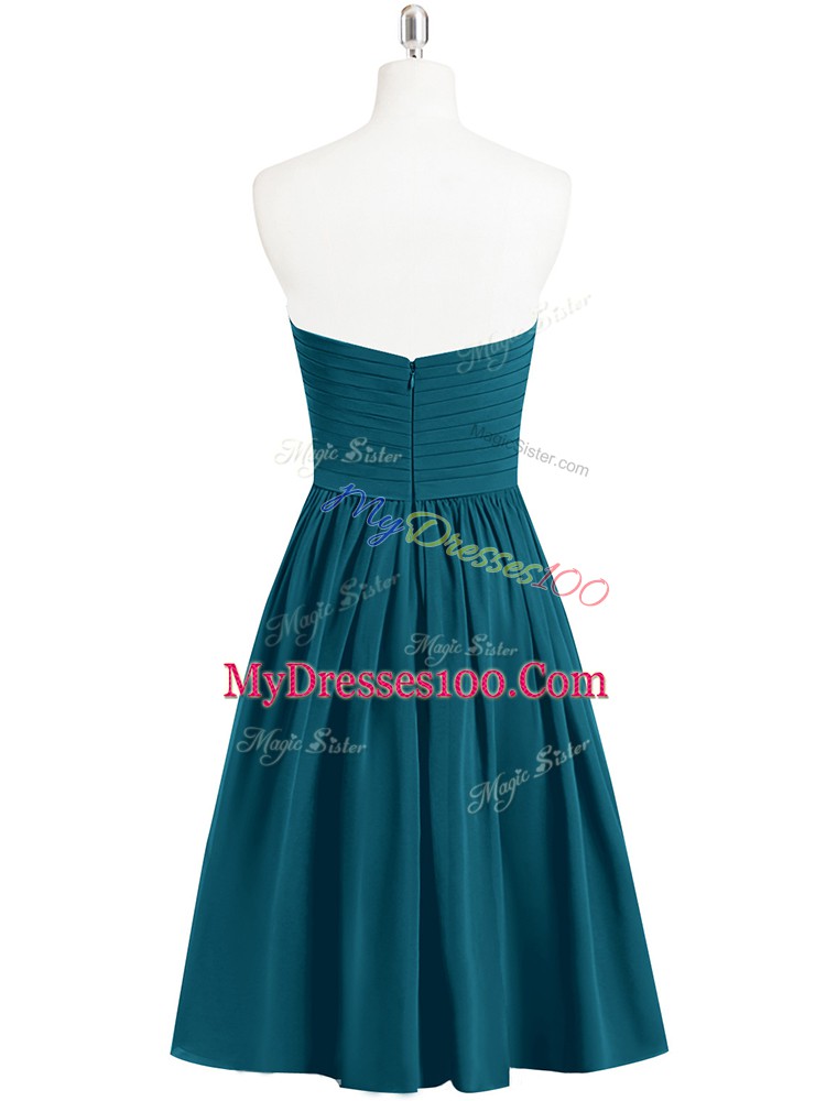 Knee Length Zipper Formal Evening Gowns Peacock Green for Prom and Party with Ruching