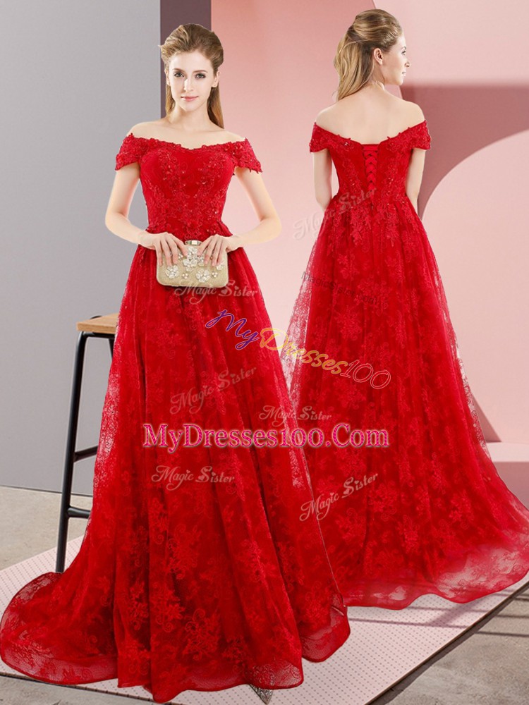 Fashionable Red Off The Shoulder Neckline Beading and Lace Evening Party Dresses Sleeveless Lace Up