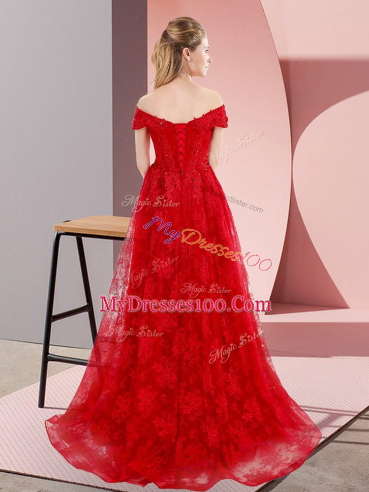 Fashionable Red Off The Shoulder Neckline Beading and Lace Evening Party Dresses Sleeveless Lace Up