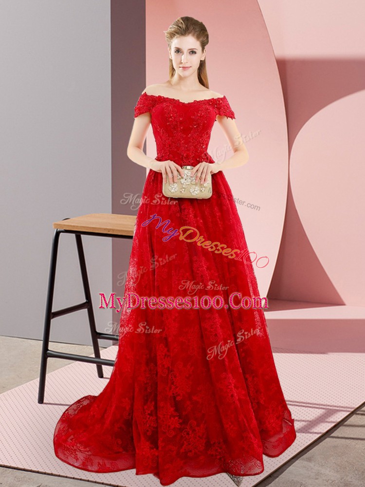 Fashionable Red Off The Shoulder Neckline Beading and Lace Evening Party Dresses Sleeveless Lace Up