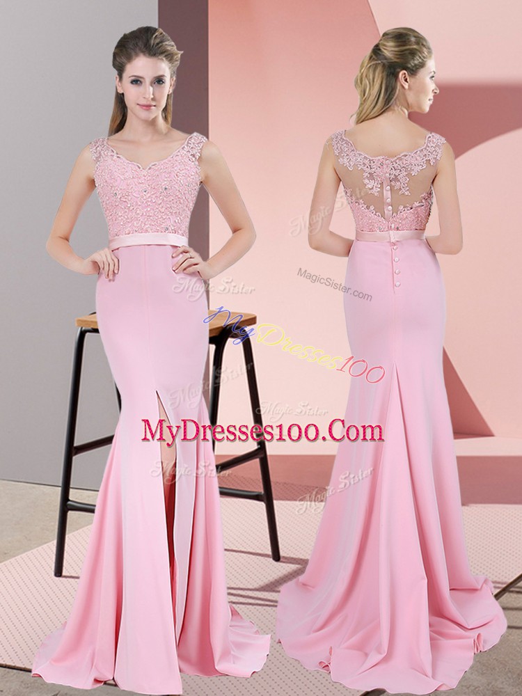 Sleeveless Lace and Appliques Zipper Prom Evening Gown with Baby Pink Sweep Train