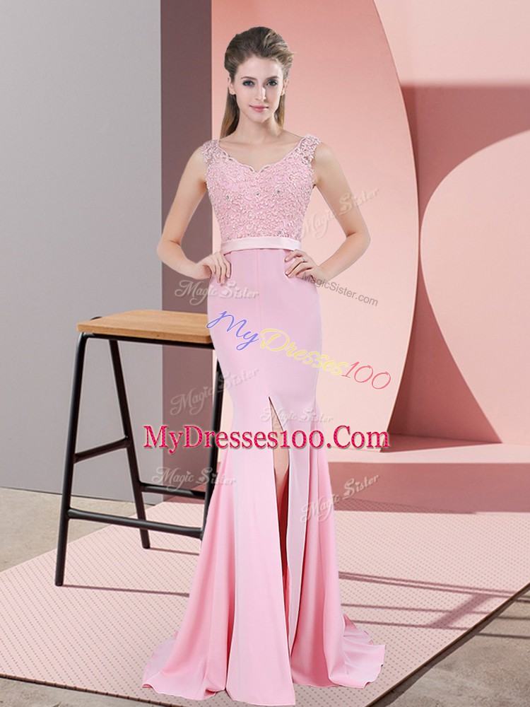 Sleeveless Lace and Appliques Zipper Prom Evening Gown with Baby Pink Sweep Train