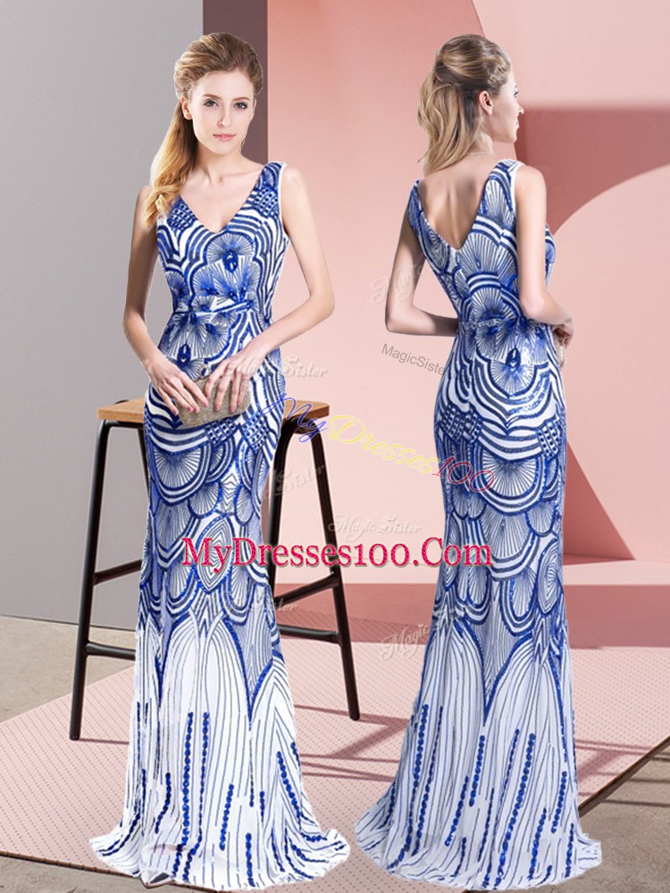 Superior Floor Length Zipper Prom Gown Blue for Prom and Party and Military Ball with Beading