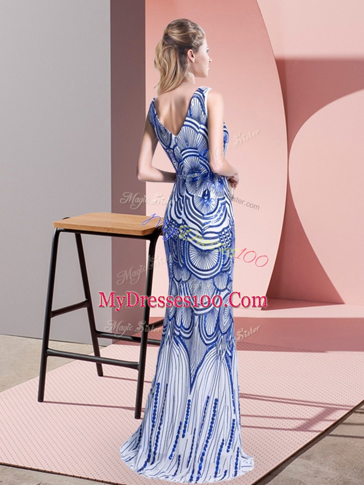 Superior Floor Length Zipper Prom Gown Blue for Prom and Party and Military Ball with Beading