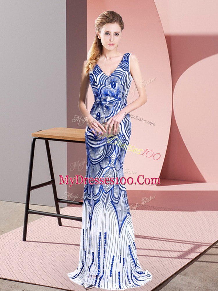 Superior Floor Length Zipper Prom Gown Blue for Prom and Party and Military Ball with Beading