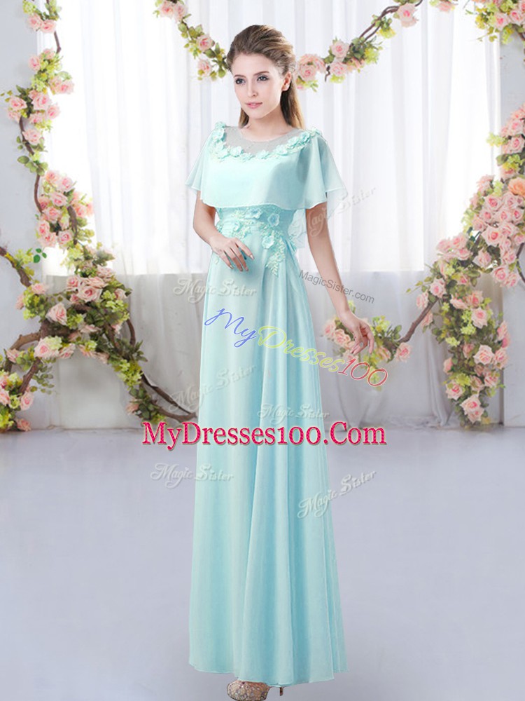 High Quality Aqua Blue Chiffon Zipper Bridesmaid Dresses Short Sleeves Floor Length Appliques