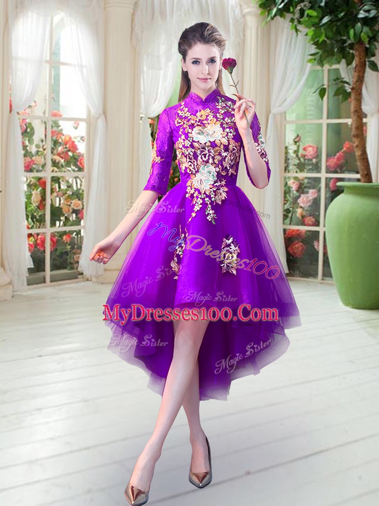 Purple High-neck Zipper Appliques Homecoming Dress Half Sleeves