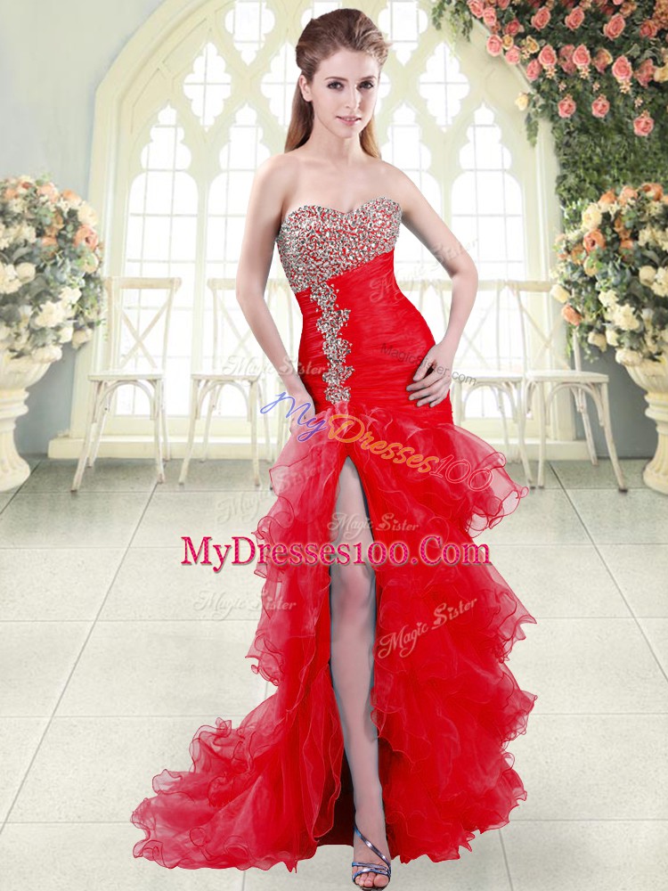Edgy Red Organza Lace Up Prom Evening Gown Sleeveless Brush Train Beading and Ruffled Layers