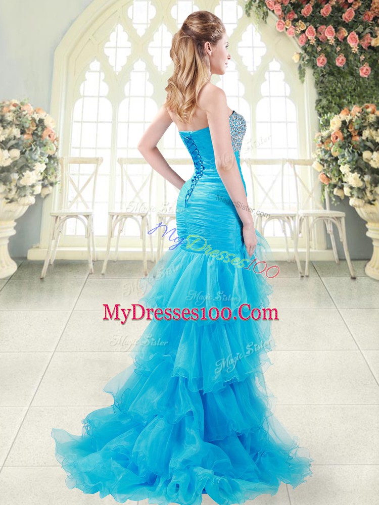 Edgy Red Organza Lace Up Prom Evening Gown Sleeveless Brush Train Beading and Ruffled Layers