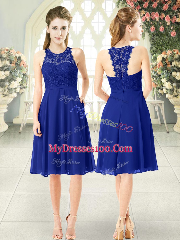 Enchanting Royal Blue Empire Chiffon Scoop Sleeveless Lace Knee Length Zipper Prom Party Dress