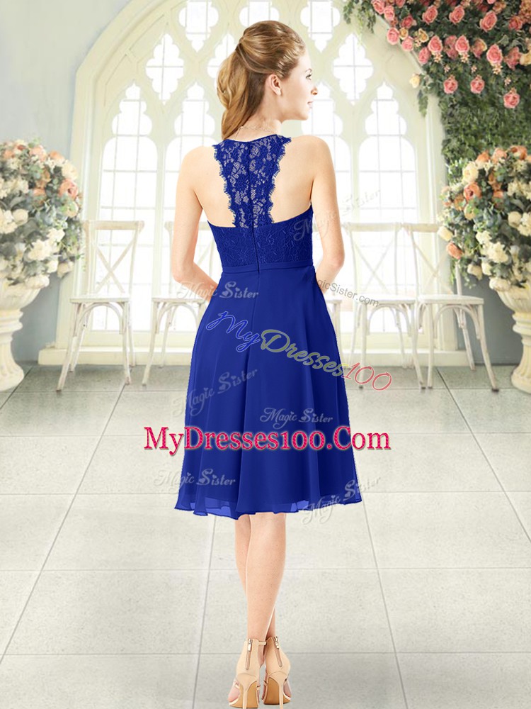 Enchanting Royal Blue Empire Chiffon Scoop Sleeveless Lace Knee Length Zipper Prom Party Dress