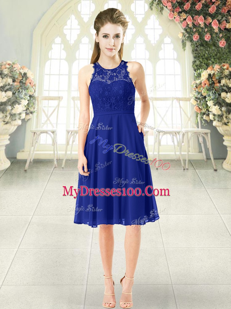 Enchanting Royal Blue Empire Chiffon Scoop Sleeveless Lace Knee Length Zipper Prom Party Dress