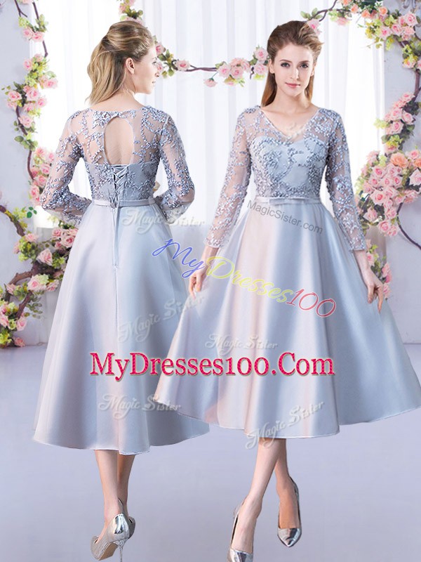 Vintage Silver Satin Lace Up Wedding Guest Dresses 3 4 Length Sleeve Tea Length Lace