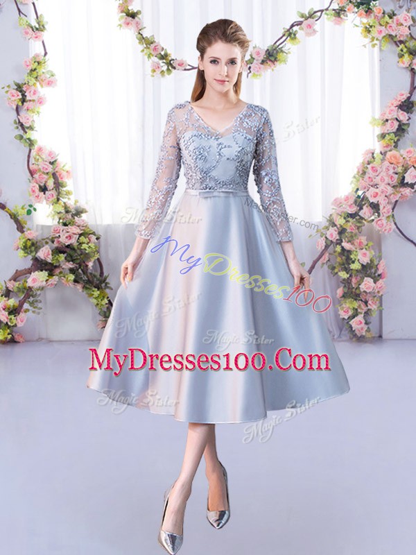 Vintage Silver Satin Lace Up Wedding Guest Dresses 3 4 Length Sleeve Tea Length Lace