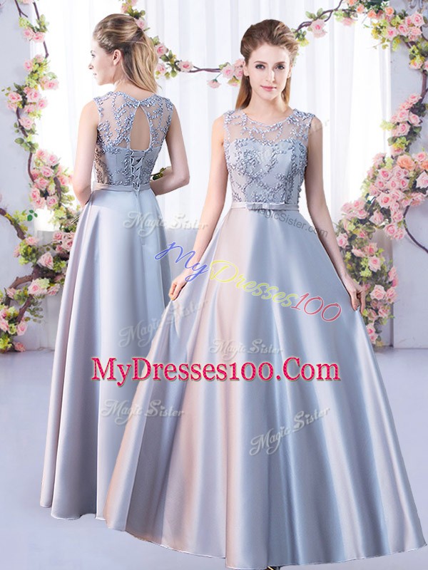 Trendy Silver Sleeveless Satin Lace Up Damas Dress for Prom and Party and Wedding Party