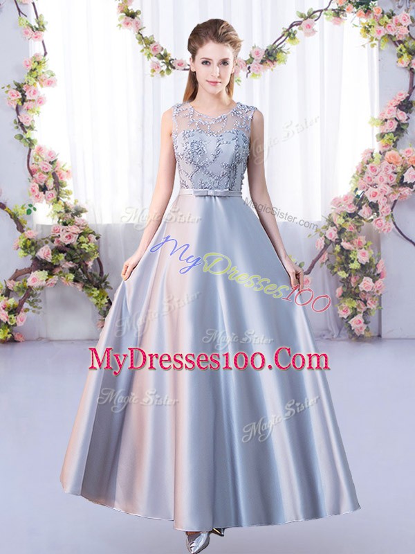 Trendy Silver Sleeveless Satin Lace Up Damas Dress for Prom and Party and Wedding Party