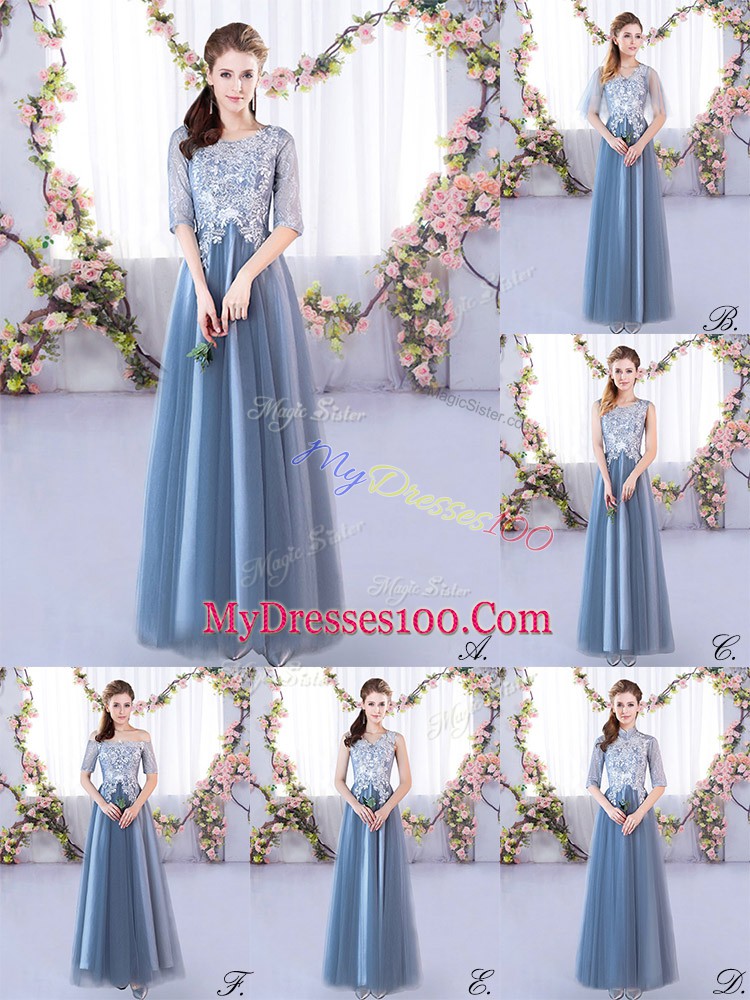 Chic Blue Lace Up Scoop Lace Bridesmaid Gown Tulle Half Sleeves