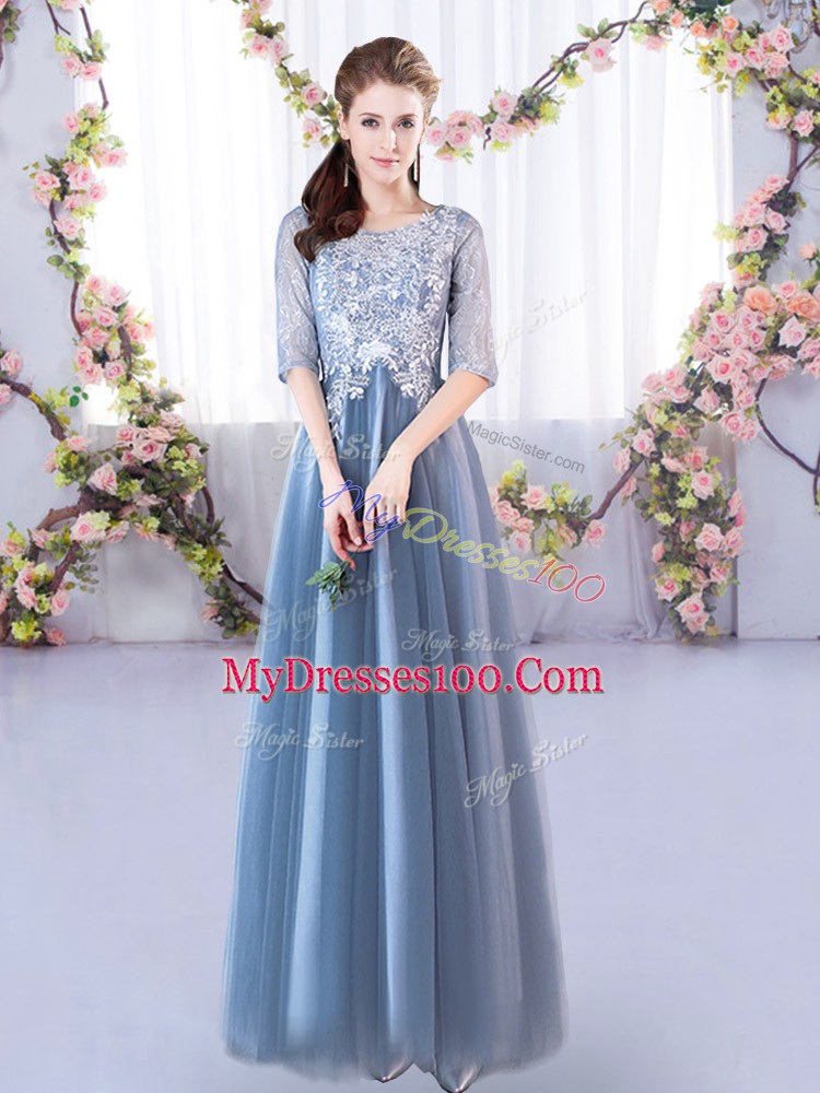 Chic Blue Lace Up Scoop Lace Bridesmaid Gown Tulle Half Sleeves