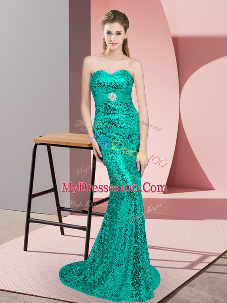 Unique Sweep Train Column/Sheath Prom Gown Turquoise Scoop Sequined Sleeveless Lace Up