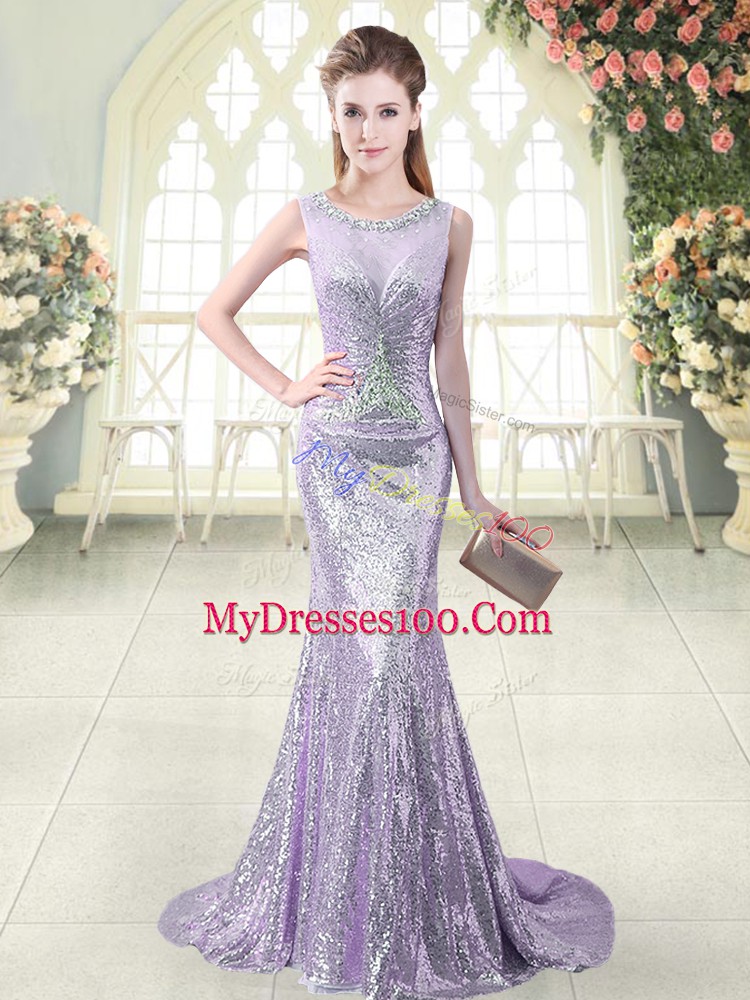 Lavender Zipper Evening Gowns Beading Sleeveless Brush Train