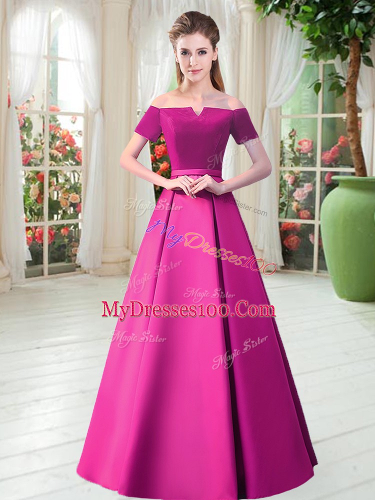 Short Sleeves Lace Up Floor Length Belt Prom Party Dress