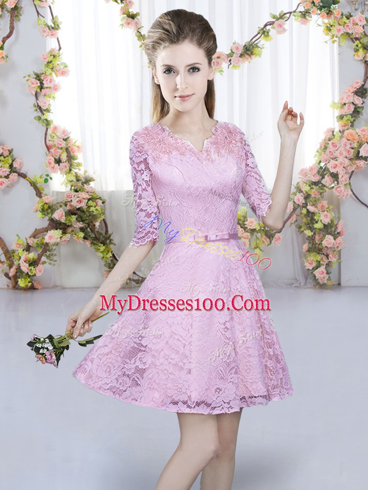 Lace V-neck Short Sleeves Zipper Belt Quinceanera Court Dresses in Lilac