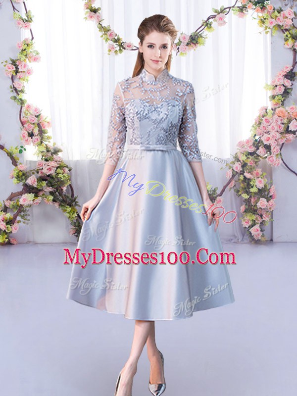 Silver Lace Up High-neck Lace Bridesmaids Dress Satin Half Sleeves