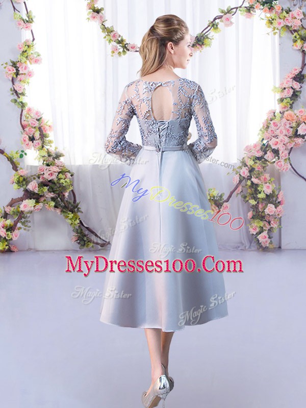 Silver Lace Up High-neck Lace Bridesmaids Dress Satin Half Sleeves