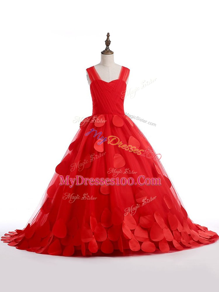 Pretty Red Pageant Gowns Straps Sleeveless Brush Train Lace Up