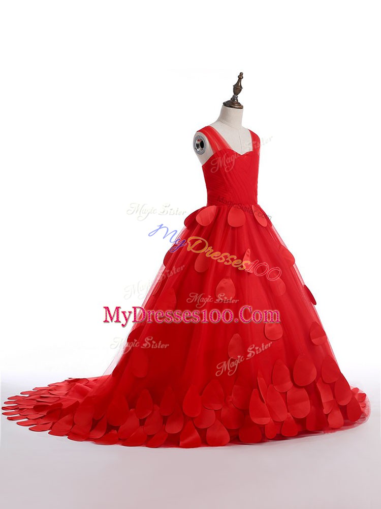 Pretty Red Pageant Gowns Straps Sleeveless Brush Train Lace Up