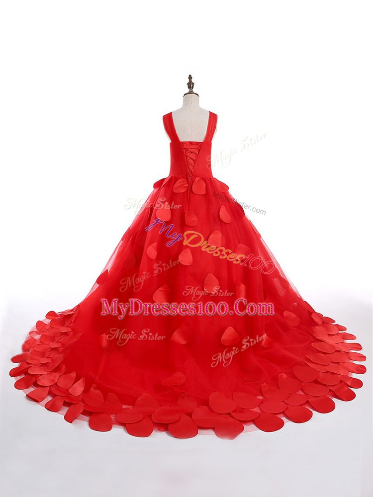 Pretty Red Pageant Gowns Straps Sleeveless Brush Train Lace Up