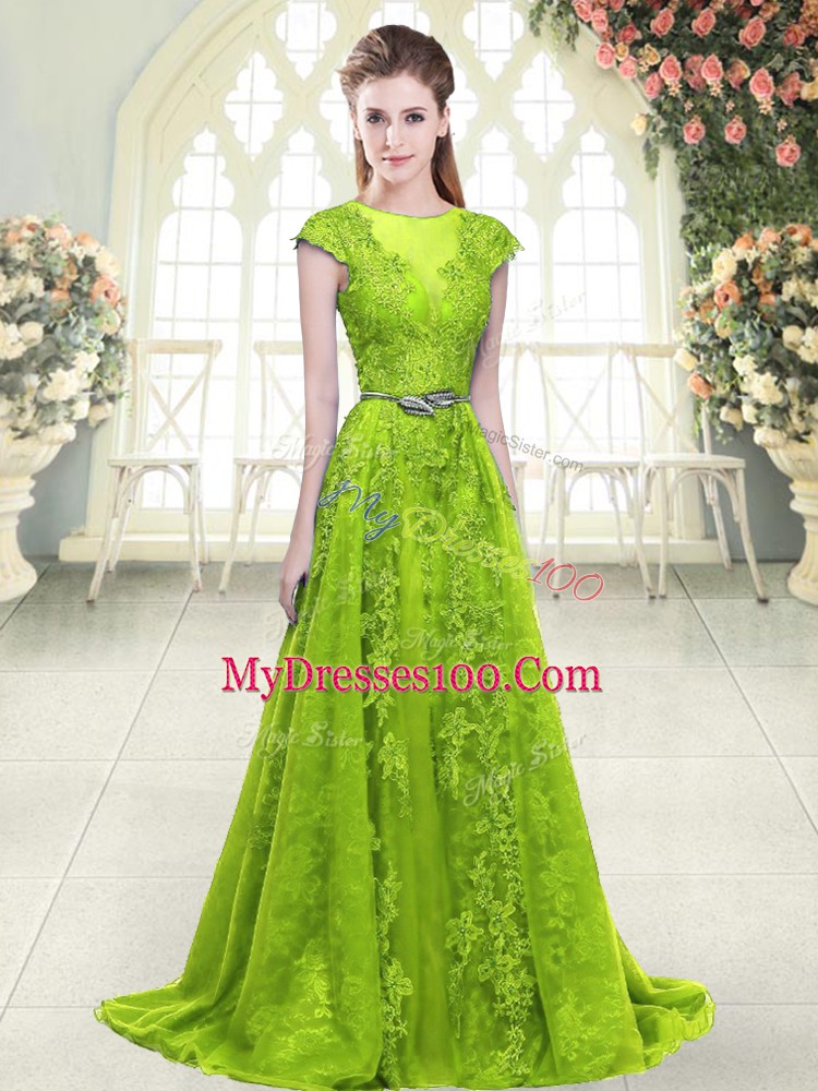 Fashion Yellow Green Sleeveless Tulle Sweep Train Zipper Prom Gown for Prom and Party