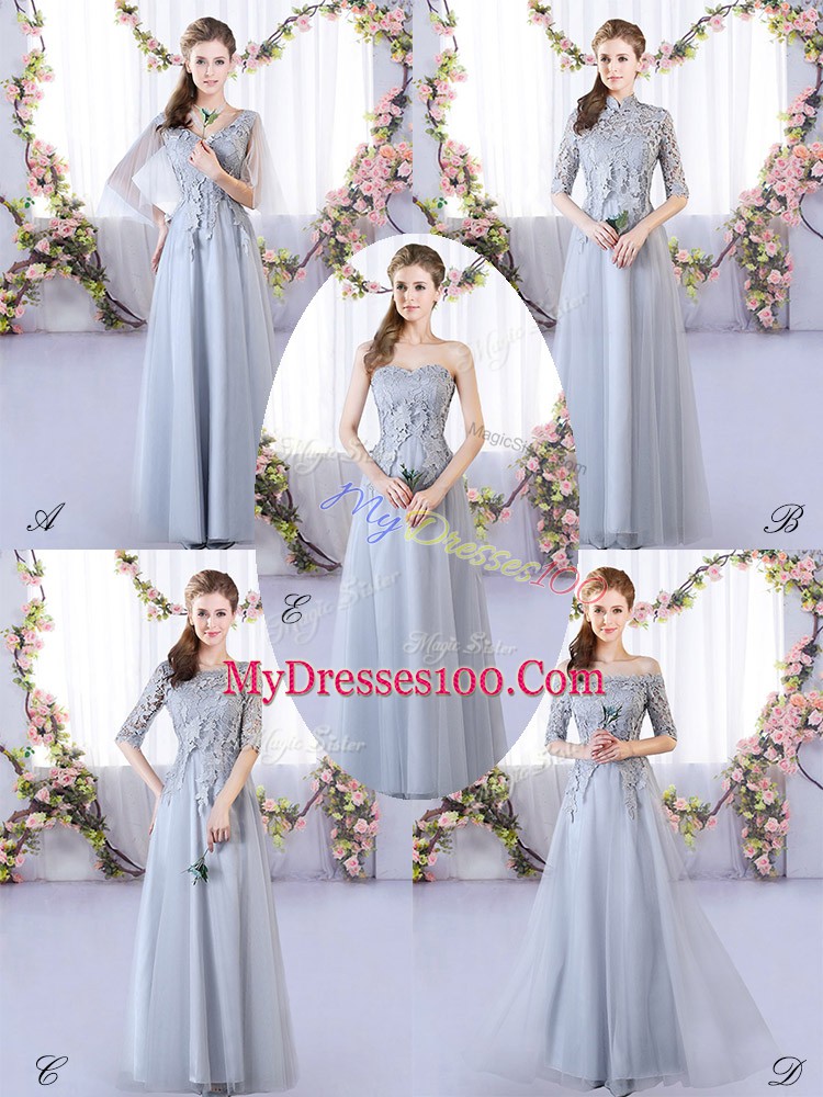 Latest Floor Length Grey Bridesmaids Dress V-neck Sleeveless Lace Up