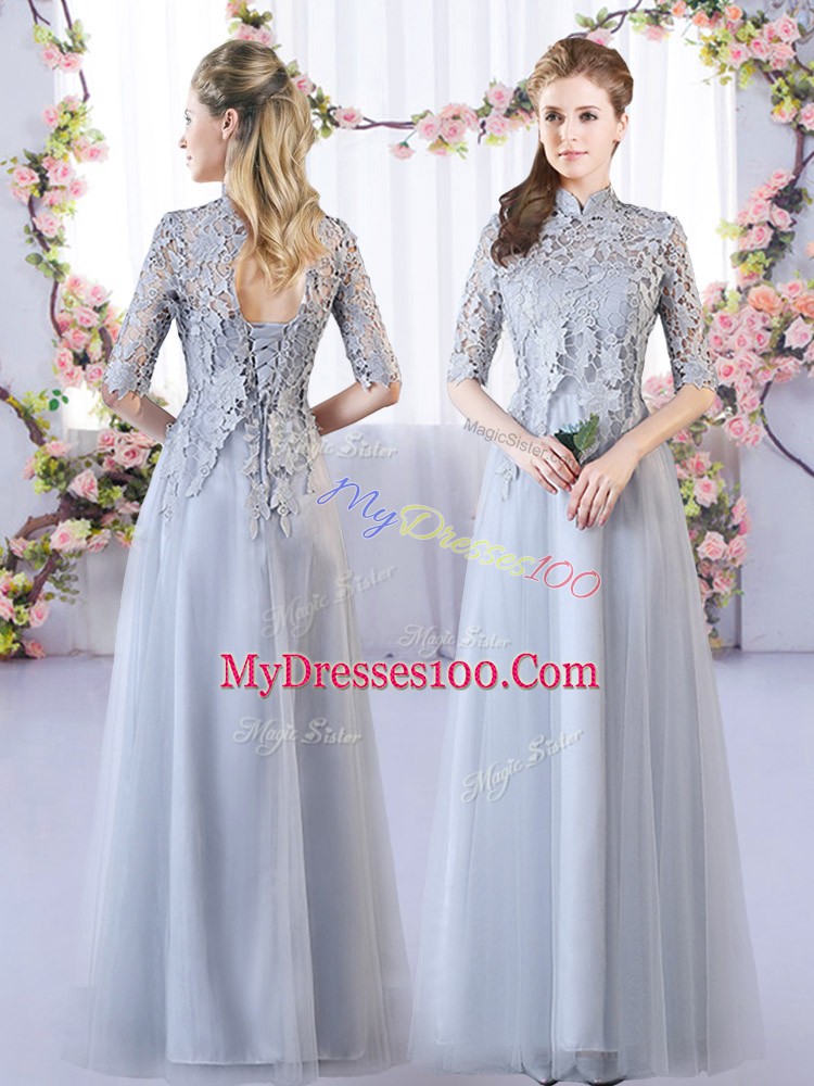 Latest Floor Length Grey Bridesmaids Dress V-neck Sleeveless Lace Up
