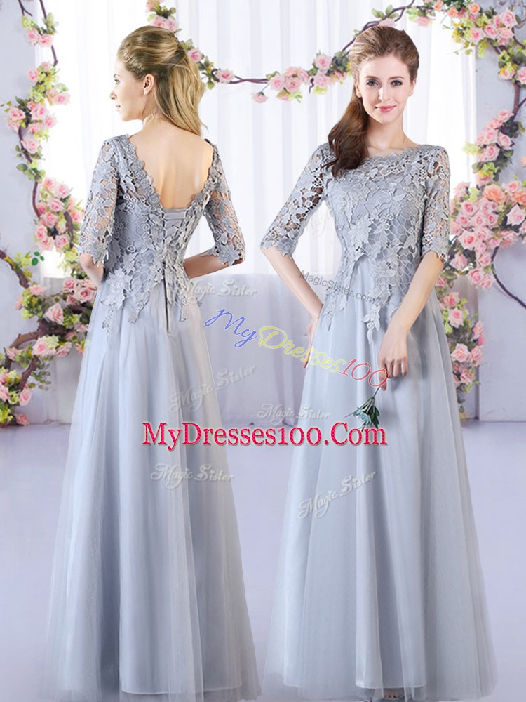 Latest Floor Length Grey Bridesmaids Dress V-neck Sleeveless Lace Up