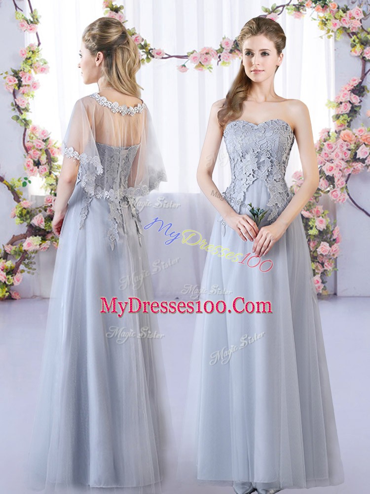 Latest Floor Length Grey Bridesmaids Dress V-neck Sleeveless Lace Up