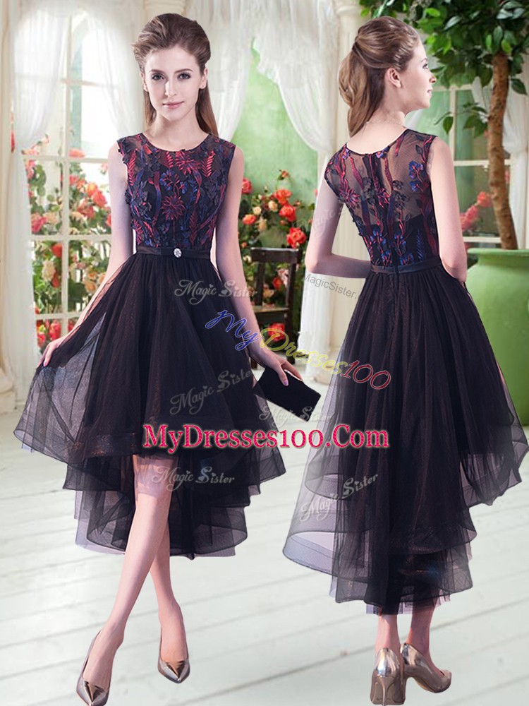 Hot Sale Black Sleeveless Appliques High Low Prom Evening Gown