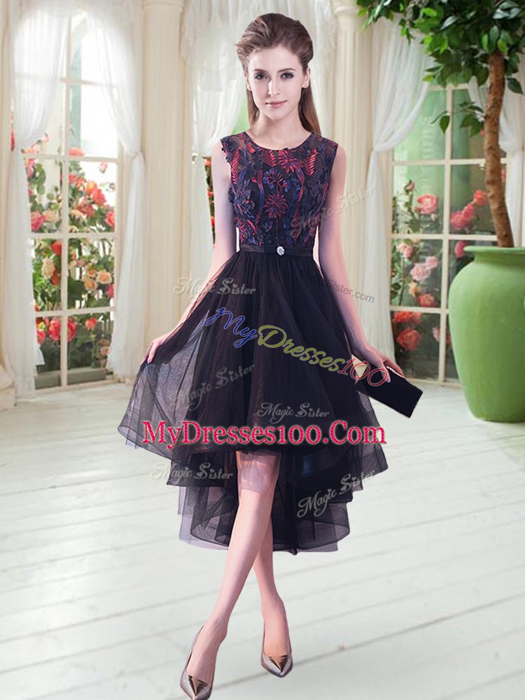 Hot Sale Black Sleeveless Appliques High Low Prom Evening Gown
