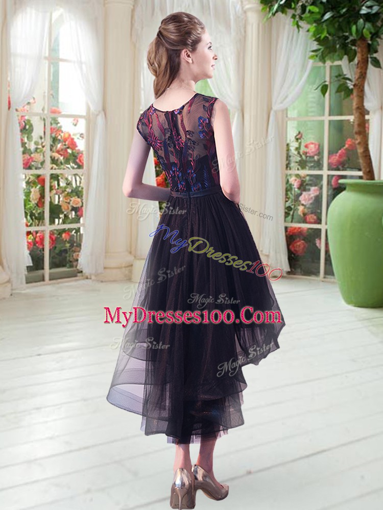 Hot Sale Black Sleeveless Appliques High Low Prom Evening Gown